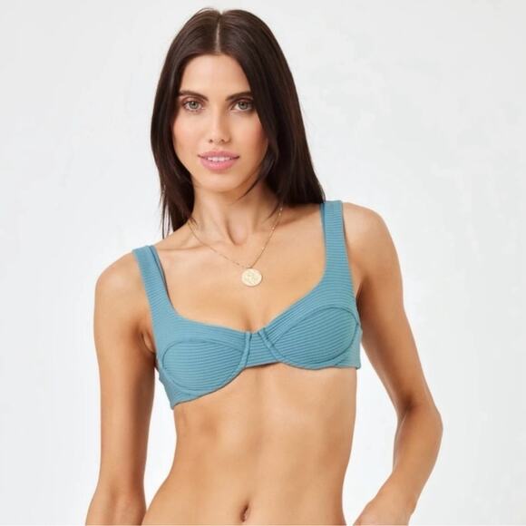 NWT l*space Nikita Bikini Top Slated Glass Blue sz M Underwire Eco Chic Ribbed - Picture 4 of 9